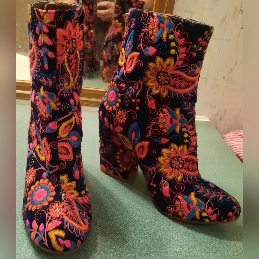 Naughty Monkey Velvet Embroidered Ankle Boots - Multicolor - Picture 3 of 10